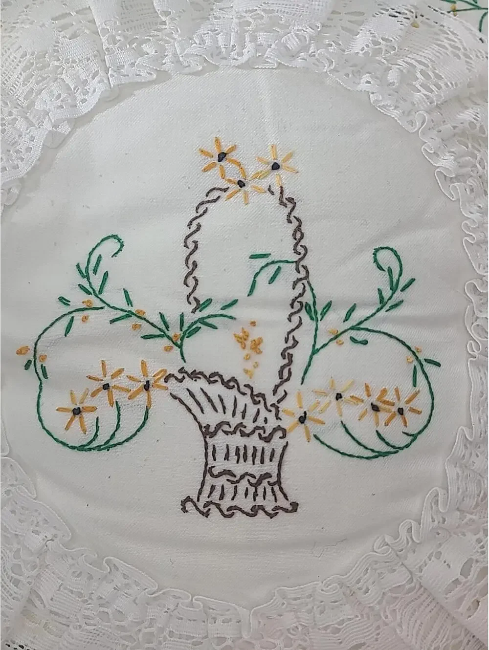 Shabby Chic Hand Stitched Embroidered Pillow With Lace Trim Cottagecore 12x12